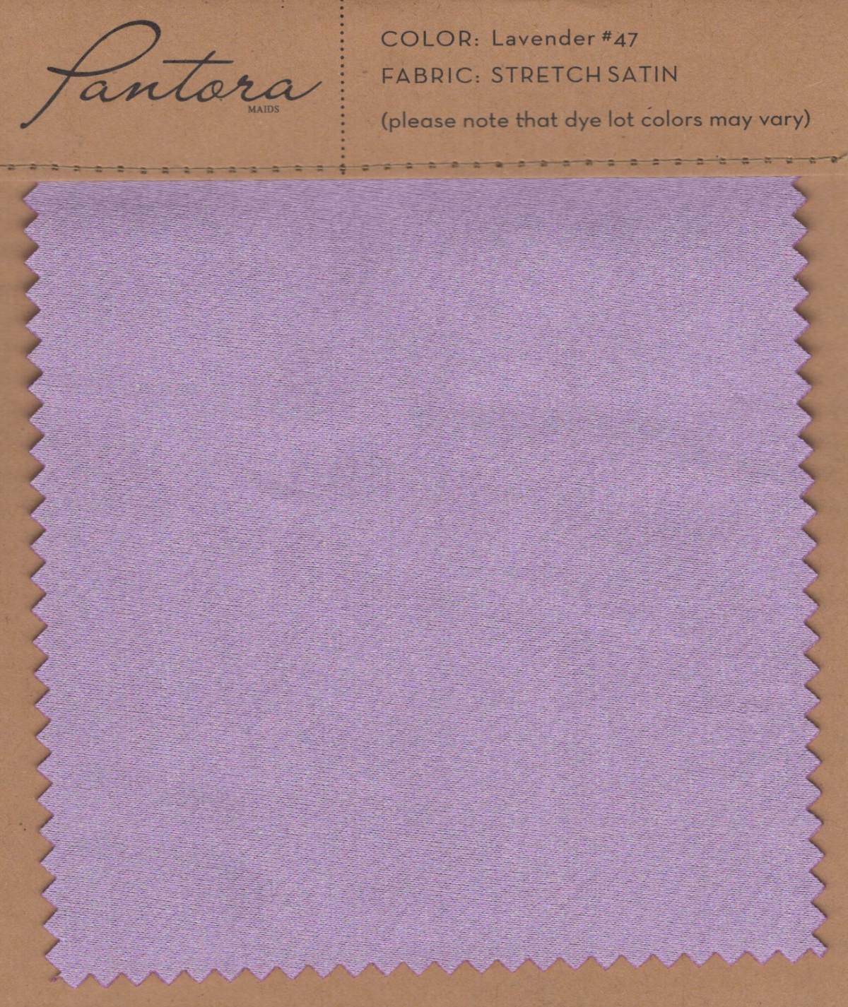 Lavender stretch satin fabric swatch for Pantora Maids bridesmaid dresses