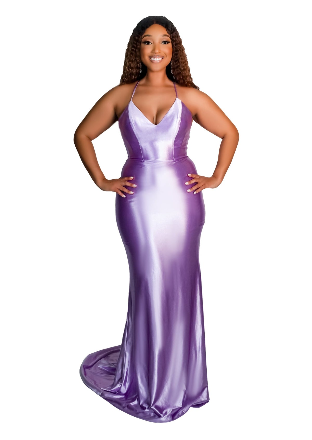 Plus size black bridesmaid wearing a fitted spaghetti strap v-neck bridesmaid dress with stretch to flaunt curves