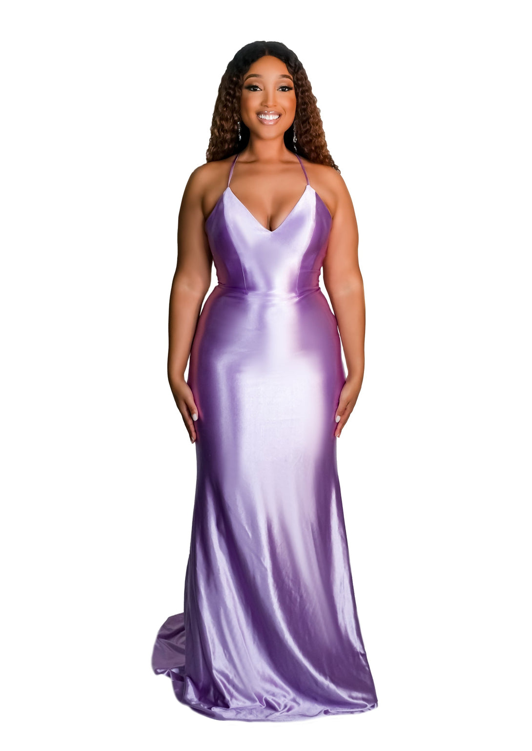Plus size black bridesmaid wearing a fitted spaghetti strap v-neck bridesmaid dress with stretch to flaunt curves